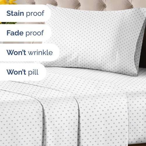 Miniatura 6 de Sábanas con patrón de puntos azules, 1 sábana encimera, 1 sábana bajera y 1 funda de almohada con bolsillos profundos, ropa de cama con estampado
