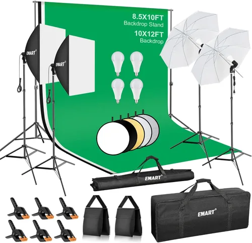 EMART Sistema de Soporte de Telón de Fondo de 8.5 x 10 pies, Kit de Iluminación Profesional para Fotografía con Telón de Fondo de 10*12 pies*3, 3