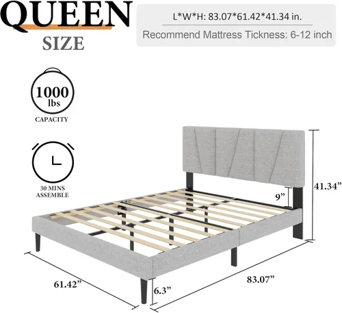 Miniatura 2 de Sismplly - Base de cama plataforma tamaño Queen con cabecero tapizado, soporte de listones de madera, sin ruido, no necesita somier, fácil montaje
