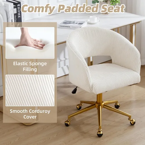 Miniatura 5 de Silla de escritorio ABET con ruedas, silla de oficina de corduroy, silla giratoria con base dorada, sillas acentuadas modernas tapizadas, respaldo