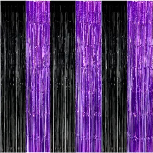 Decoraciones de graduación 2025 telón de fondo de flecos de papel de aluminio morado y negro, decoraciones de fiesta de color negro y morado,