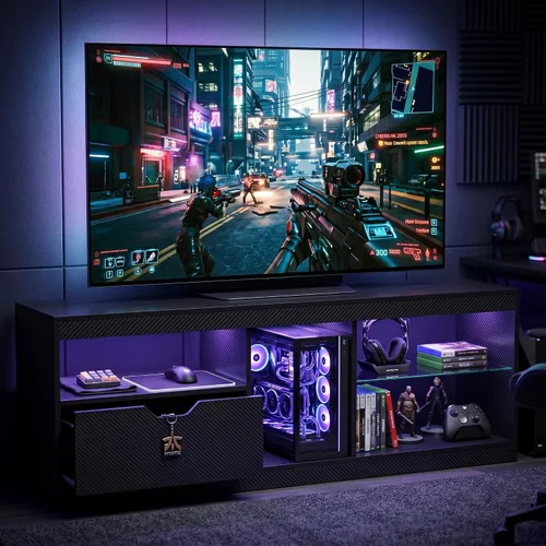 Miniatura 5 de JUMMICO Soporte de TV, centro de entretenimiento LED, soporte de TV para juegos para TV de más de 65 pulgadas, parte superior de fibra de carbono