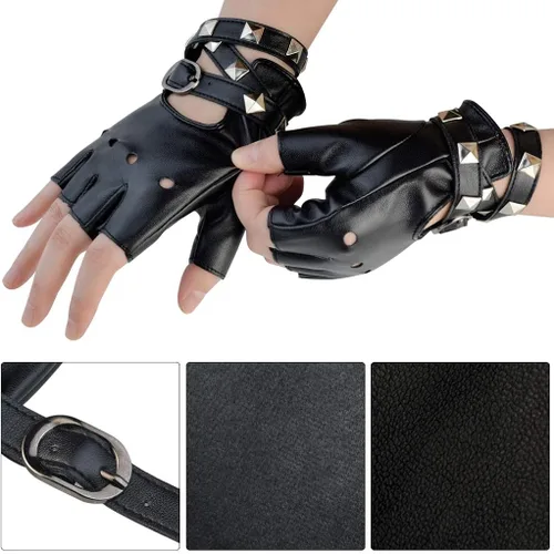 Miniatura 3 de Guantes de piel sintética con remaches punk, de medio dedo, sin dedos, para mujer