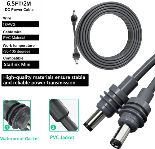 Miniatura 6 de Starlink Mini Cable de 6.5 pies - Cable de alimentación CC de repuesto impermeable premium para Starlink Mini con conector de barril, gris de grado