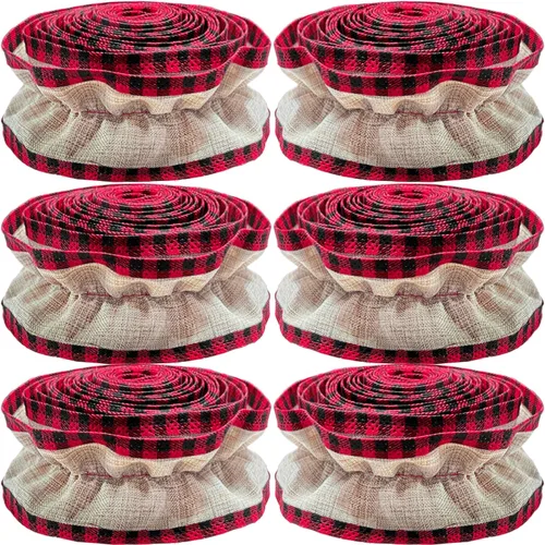 Miniatura 4 de Jishi Guirnalda de Cinta de Árbol de Navidad, Arpillera a Cuadros de Búfalo, Decoraciones de Navidad, 9 Pies X 6 Rollos Cinta de Arpillera a Cuadros