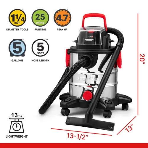 Miniatura 3 de Shop-Vac Aspiradora Inalámbrica Húmeda/Seca de 20V, 5 Galones, 4.7 CV Pico, Succión Fuerte de 10kPa y Soplador, Aspiradora de Taller Portátil