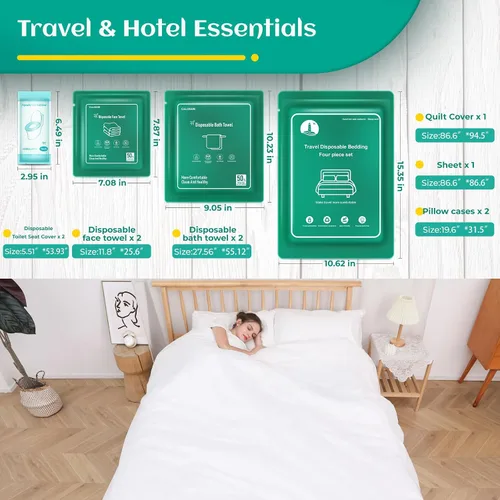 Miniatura 17 de Sábanas desechables para hotel, artículos esenciales de viaje con 2 toallas de baño desechables, 2 toallas faciales desechables y 4 piezas