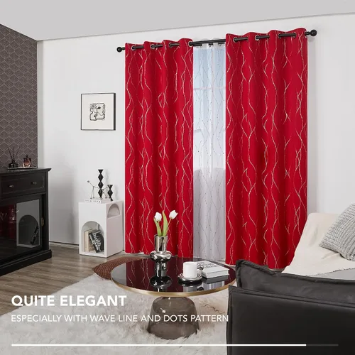 Miniatura 6 de Deconovo Cortinas navideñas, cortina roja, cortinas opacas, cortina térmica aislada y reductora de ruido con estampado de líneas onduladas y puntos