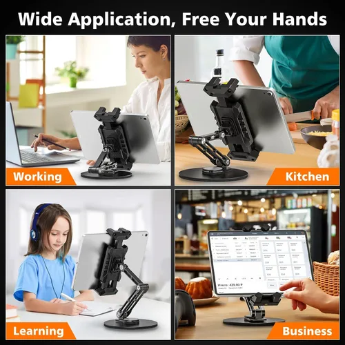 Miniatura 7 de Soporte para iPad, soporte de escritorio para tableta, oficina, cocina, dormitorio, base giratoria de 360°, ajustable, plegable, soporte