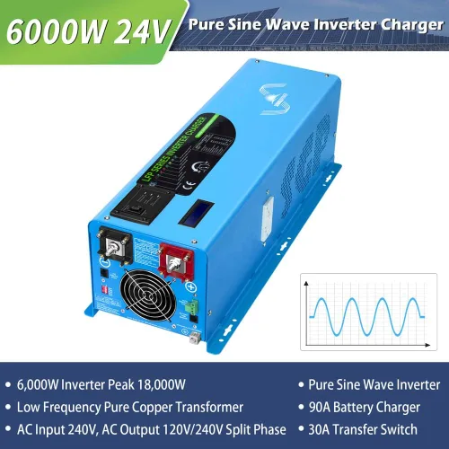 Miniatura 2 de SUNGOLDPOWER - Cargador inversor de 6000 W, entrada de 24 V CC y 240 VCA, salida de CA de 120 V/240 V de fase dividida, baja frecuencia, pico
