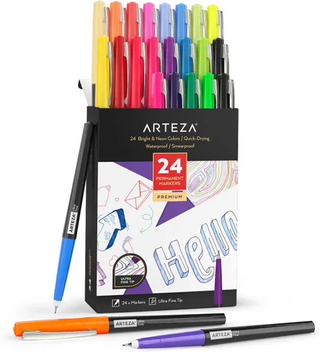 ARTEZA Marcadores permanentes, 24 colores, línea de 0.079 in, punta ultrafina