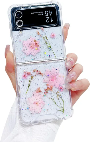 Compatible con Samsung Galaxy Flip 4, funda transparente con flores secas prensadas, para mujeres y niñas, TPU suave a prueba de golpes, funda