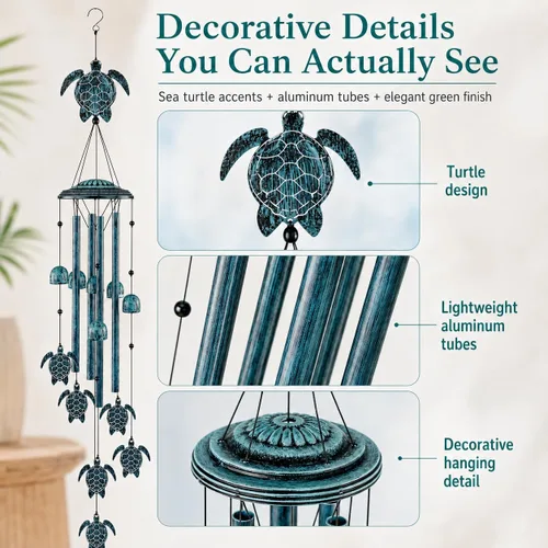 Miniatura 3 de LESES Campanillas de viento de tortuga marina para exteriores con 4 tubos de aluminio, campanillas de viento para exteriores, decoración de hogar