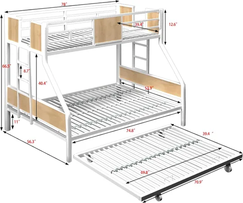 Miniatura 2 de Literas triples de tamaño individual sobre matrimonial para niños, literas triples de metal resistente con escaleras laterales, marco de metal