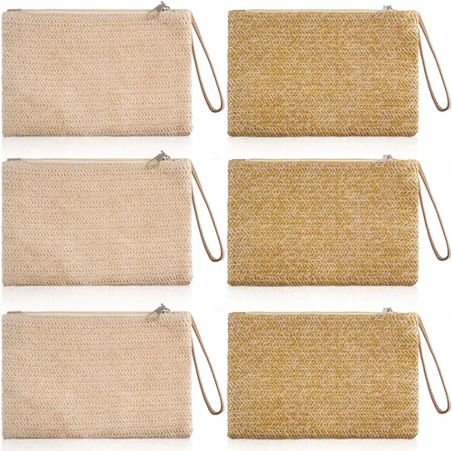 Bolsa de mano de paja para mujer, 6 piezas, estilo bohemio, para verano, playa, bolso de paja tejido hawaiano, bolsos de paja para mujer, bolsos de