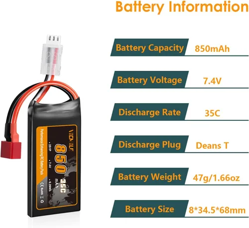 Miniatura 2 de Batería Lipo de 7.4V Super Thin 2S 850mAh RC Batería con Dean-Style T Plug 35C Alta tasa de descarga recargable Ajuste para DEERC WLtoys HBX Most