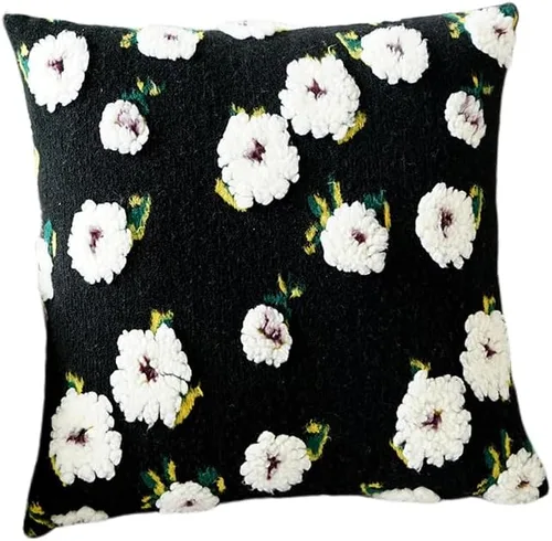 Funda de almohada de forro polar bereber de gamuza de camelia, funda de cojín tridimensional con flores para sala de estar, sofá, oficina, Negro