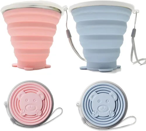 Vaso de viaje plegable de silicona, paquete de 2 vasos de agua plegables reutilizables con tapa y cordón, silicona de grado alimenticio sin BPA,