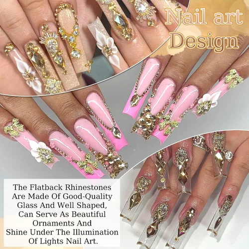 Miniatura 5 de 3520 diamantes de imitación de uñas color dorado champán para uñas, multiformas con parte trasera plana, diamantes de imitación redondos