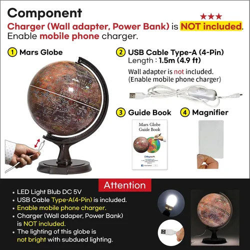Miniatura 6 de Mapsoft Prime - Globo iluminado de Marte rojo, 11.8 in, RI-30