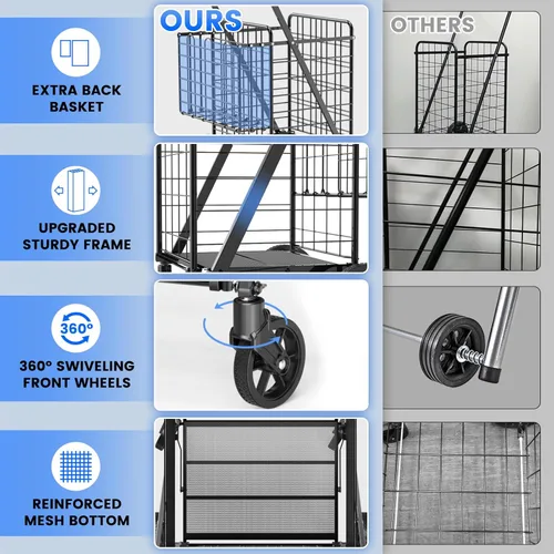 Miniatura 3 de Carrito de compras de capacidad de 450 libras, carrito de comestibles enorme con ruedas, carrito de compras plegable resistente con cesta doble