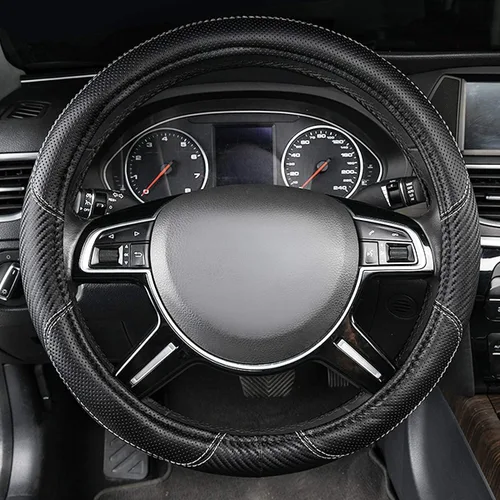 Miniatura 8 de CAR-GRAND Funda de volante de fibra de carbono, de cuero transpirable de alta calidad, protección deportiva para volante, accesorios interiores