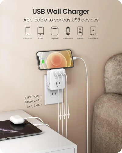 Miniatura 4 de LENCENT Adaptador de 3 clavijas a 2 clavijas, paquete de 2, extensor de 3 tomas de corriente con 3 puertos USB, cargador de pared, divisor extensor