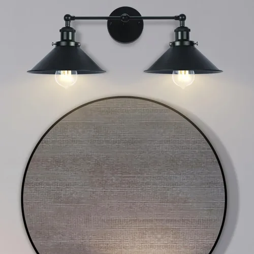 Lámpara de tocador de baño con 2 luces, estilo vintage, color negro mate, pantalla de metal, estilo granja, apliques de pared