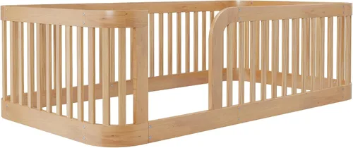 Miniatura 7 de Merax Cama de plataforma de tamaño individual, marco de cama de piso de madera con valla, natural