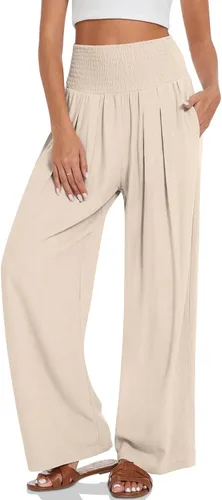 UEU Pantalones palazzo de lino para mujer, pierna ancha, cintura alta, pantalones casuales de playa con bolsillos