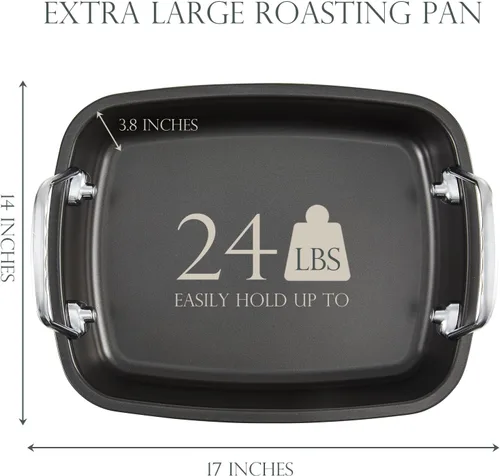 Miniatura 7 de KITESSENSU Sartén antiadherente para asar pavos con estante de 17 x 14 pulgadas, sartén grande para asar pollo para horno, asas más anchas
