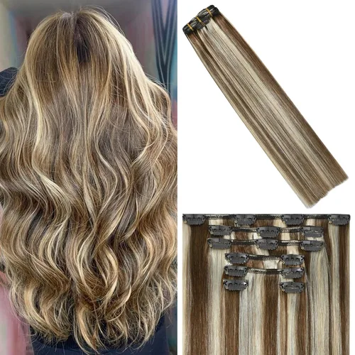 Miniatura 44 de WindTouch - Extensiones de cabello humano Remy con pinzas, color rubio decolorado combinado con balayage, para cabello rubio, 2.47 onzas, N.°