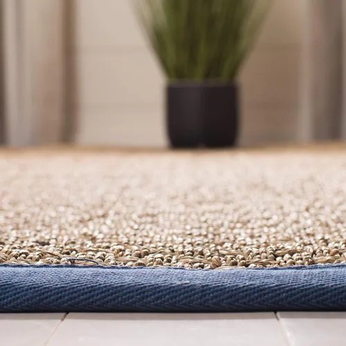 Miniatura 4 de SAFAVIEH Alfombra redonda de 8 pies, colección de fibra natural, natural y azul marino, hierba marina, patrón de tejido de canasta con borde (NF114T)