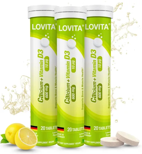 Miniatura 9 de LOVITA Calcio + VIT D3 Tabletas efervescentes 20 unidades, 600 mg de calcio con 400 UI D3, apoya la salud ósea y muscular, sabor a limón, vegano