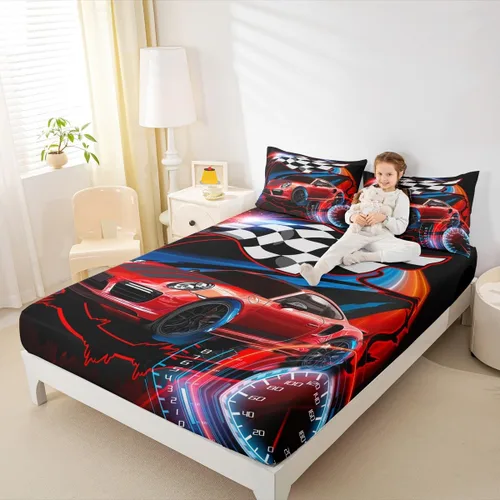 Miniatura 3 de Juego de sábanas bajeras para niños de Red Race Car tamaño individual, juego de ropa de cama con bandera de carreras de deportes extremos