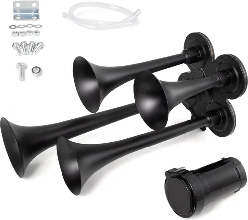 Miniatura 14 de Bocina de camión 150 dB, kit de 4 bocinas de tren tipo trompeta para camiones, bocina de aire de 12 V para camiones, bocinas de tren súper fuertes
