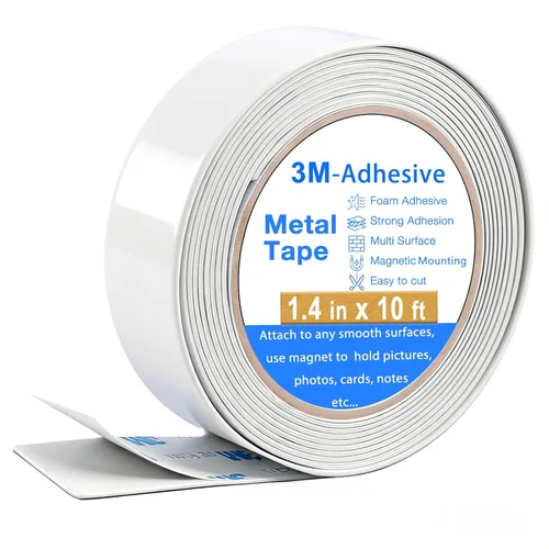 Cinta adhesiva de metal para imanes, (1.4 pulgadas de ancho x 10 pies de largo) Rollo de tira de metal blanco flexible, cinta ferrosa blanca