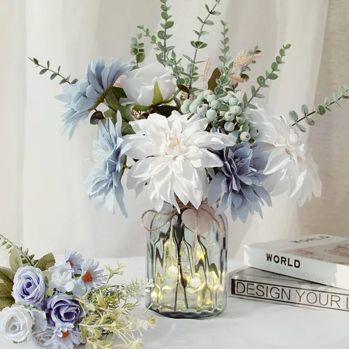 Miniatura 10 de Flores falsas en jarrón, arreglo de flores artificiales azul polvoriento en jarrón, centros de mesa florales falsos para cocina, granja, mesa