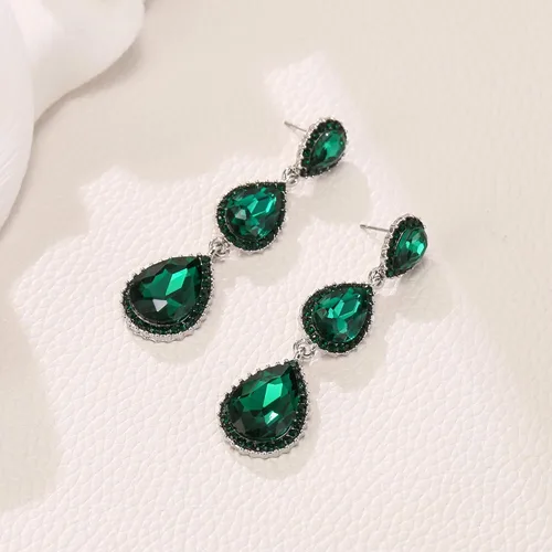 Miniatura 19 de EleQueen Pendientes de cristal austriaco en tono dorado para mujer, forma de pera de 2.5 pulgadas, color esmeralda