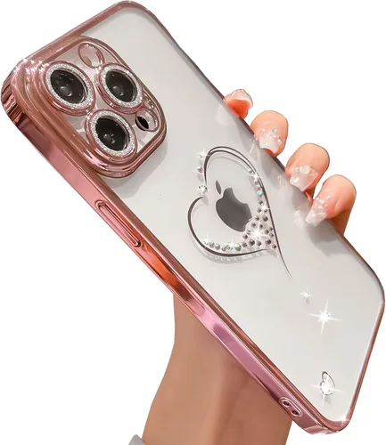 Bling Glitter Heart compatible con iPhone 13 Pro de 6.1 pulgadas, bonito protector de cámara completo brillante para mujer, funda de teléfono Oro