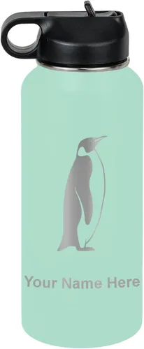 Miniatura 66 de LaserGram Botella de agua personalizada, pingüino, acero inoxidable de doble pared aislada al vacío con popote superior, regalo grabado