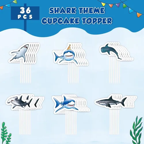 Miniatura 4 de WERNNSAI 36 piezas de decoración para pastel de tiburón - Adornos de pastel de tiburón para fiesta de cumpleaños temática de océano, decoración