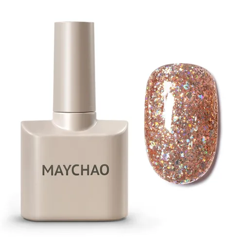 MAYCHAO Esmalte de uñas de gel con purpurina de oro rosa de 0.5 fl oz, 1 esmalte de gel de oro rosa brillante, esmalte de uñas LED UV, arte de uñas,