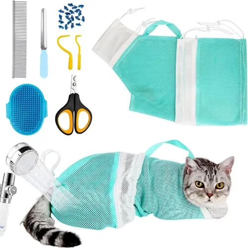 Miniatura 10 de Juego de baño para gatos, 8 piezas, red de ducha para gatos, bozal de malla, cepillo ajustable, cortaúñas, removedor de garrapatas, restricción