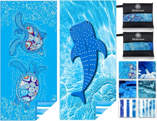 Miniatura 22 de Paquete de 2 toallas de playa ligeras de microfibra, sin arena, de secado rápido, absorbentes, delgadas y compactas, para piscina, camping