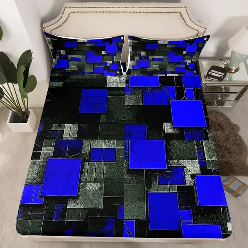 Miniatura 2 de Feelyou Juego de sábanas para niños, color azul y negro, tamaño individual, juego de sábanas geométricas de cuadrícula geométrica con sábana bajera