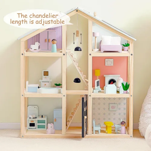 Miniatura 3 de Pillowhale Casa de muñecas de madera, casa de muñecas de 6 habitaciones con juego de muebles de 38 piezas, casa de juegos moderna de bricolaje, casa
