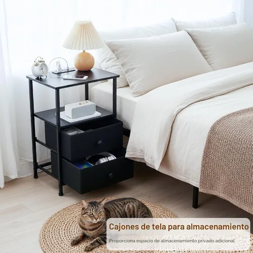 Miniatura 8 de LOAKEKEL Juego de 2 mesitas de noche, mesita de noche LED con estación de carga, mesas auxiliares con estante de almacenamiento, mesa de noche con 2