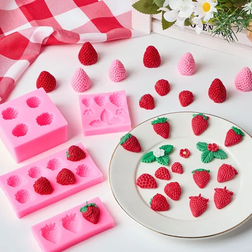 Miniatura 5 de Puyeipt 4 moldes de silicona de fresa, moldes de fondant de fresa 3D para chocolates, dulces, decoraciones de pasteles, adornos para cupcakes