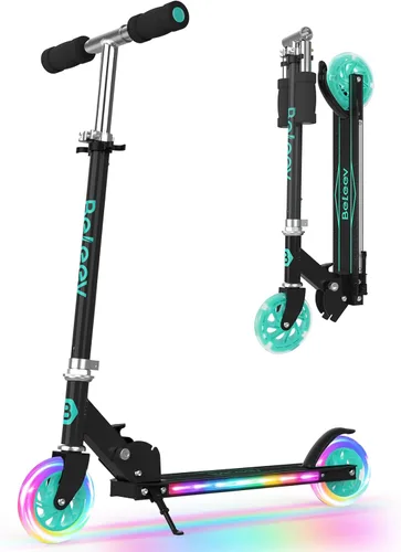 BELEEV V1 Patinetas para niños, patineta plegable de 2 ruedas para niños y niñas, 3 alturas ajustables, ruedas iluminadas, patineta ligera con